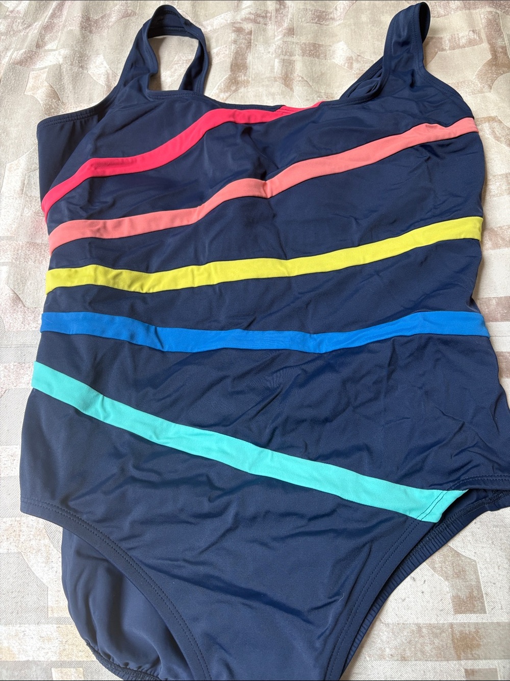 Classic Navy One-Piece Swimsuit with Multi-Color Stripes